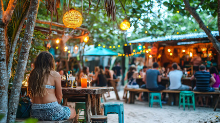 Woman relaxes at tropical beach bar, live music playing