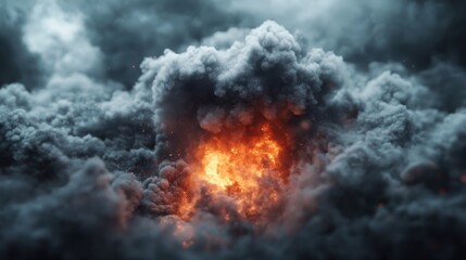 A powerful explosion radiates fiery light through dense, ominous clouds, creating a dramatic contrast that evokes feelings of chaos and intensity in the atmosphere.