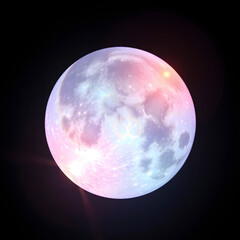 Vibrant glowing moon with pastel hues of pink and blue in a dark night sky
