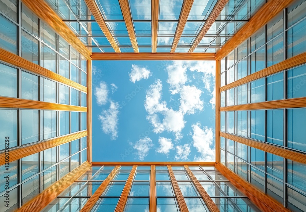 Poster modern architectural design featuring unique wooden elements and sky view, capturing the beauty of u