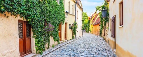 A quaint cobblestone alley lined with ivy-covered walls and muted lanterns