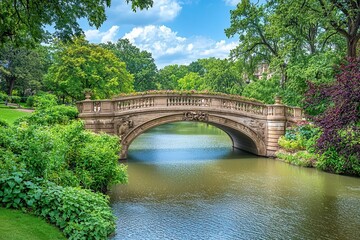 Fototapeta premium A quaint stone bridge crossing a gently flowing river surrounded by greenery