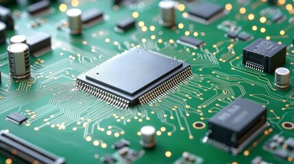 circuit board and components concept. Close-up of a circuit board with chips and electronic components.