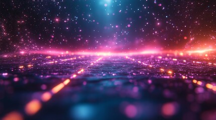 Fototapeta premium Colorful abstract cosmic landscape with glowing lines and twinkling stars at night