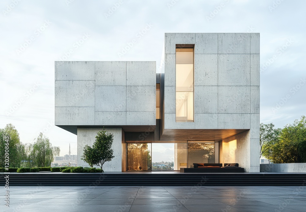 Poster Modern Architectural Design of a Concrete House with Angular Shapes and Large Windows Surrounded by Greenery and a Clear Sky