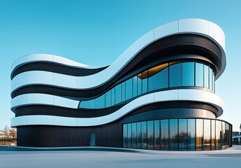 Modern Architectural Design of a Curved Building with Sleek Lines and Glass Facade Against a Clear Blue Sky, Showcasing Innovative Structural Elements and Contemporary Style