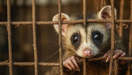 Obraz premium A caged animal, an opossum with big eyes and long ears in the enclosure of a sable forest farm