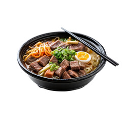 Fototapeta premium Beef Ramen Bowl: A steaming bowl of delicious beef ramen noodles, garnished with sliced beef, soft boiled egg, carrots, scallions and mushrooms, served in a black bowl with chopsticks.