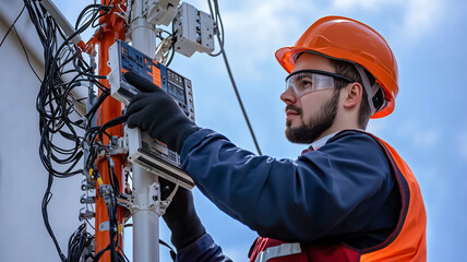 Technician working with colorful fiber optic cables, showcasing complex network infrastructure and telecommunication technology, highlighting hands-on construction and glowing data connections
