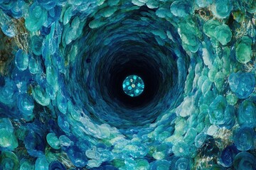 Obraz premium Abstract swirling blue tunnel, light at end, background unknown, website banner