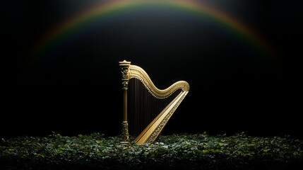 Golden harp set against a dark background with a rainbow arching above and lush greenery at the base
