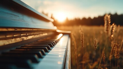 A beautifully lit piano rests in a golden field, reflecting sunlight. The image captures the tranquil blend of music and nature in a breathtaking sunset ambiance.