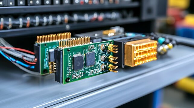 circuit board and components concept. Close-up of electronic circuit boards with connectors and wires in a technical setting.