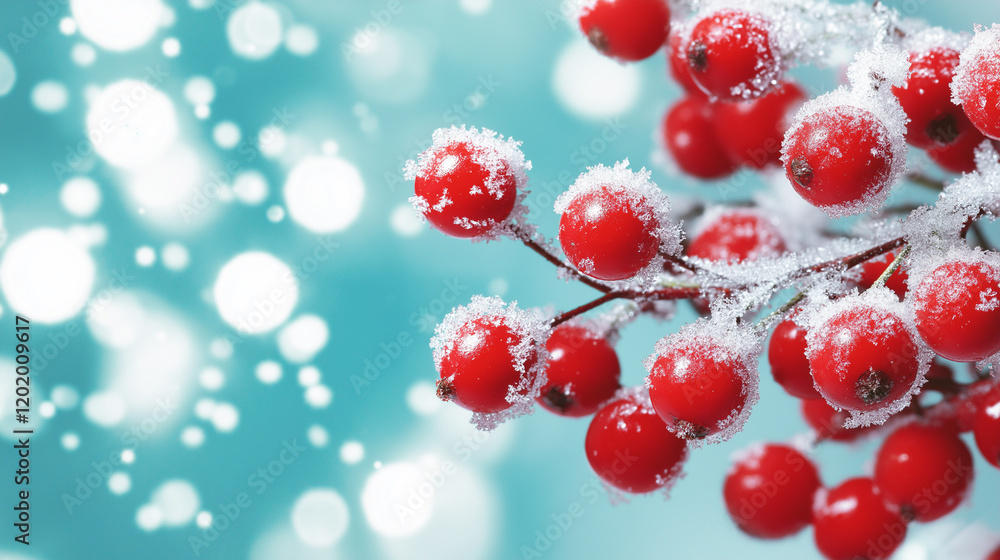 Poster frost-covered red berries on a branch with a vibrant turquoise background and soft glowing bokeh lig