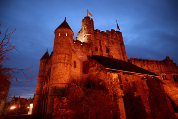 Gravensteen castle illuminated at dusk in ghent, belgium. Belgium tourism