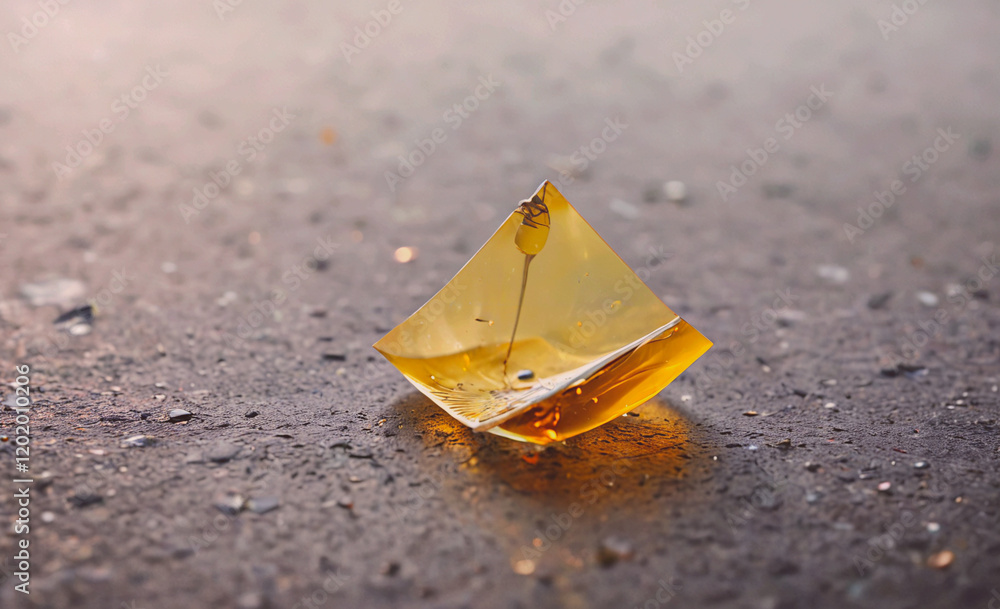 Poster A yellow pyramid shaped object is laying on the ground. The pyramid is made of glass and has a small hole in the middle. The object appears to be a toy or decoration, but it is not clear what it is