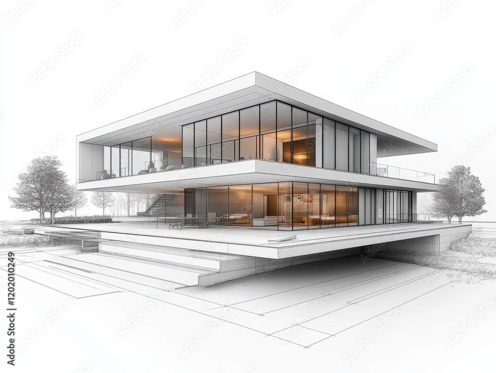 Poster modern architectural design of a minimalist house with open spaces and large windows surrounded by n