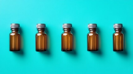 Bottled health supplements displayed symmetrically on a bright turquoise background