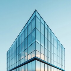 Obraz premium Modern architectural design of a skyscraper featuring glass panels and sharp lines under a clear blue sky, emphasizing clean lines and urban aesthetics.