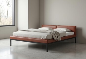 Modern Brutalist Bed Frame: 3D Rendering, Metal & Leather, Side View, Minimalist Bedroom, 4K, High Details, Product Visualization.