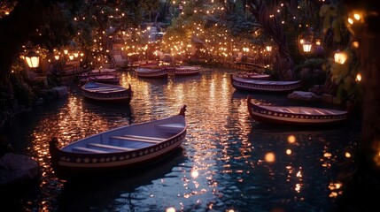 Fototapeta premium Romantic Evening Gondolas on a Calm Lake Under String Lights