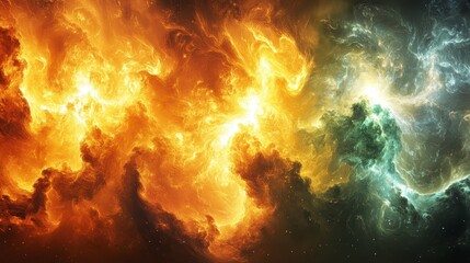 Fototapeta premium Fiery Cosmic Nebula Abstract Gold and Green Energy Cloudscape