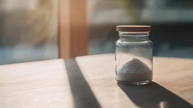 Glass jar filled with collagen placed on a minimalist table, a natural elixir for enhancing skin elasticity, fortifying bones, lubricating joints, and supporting intestinal health.
