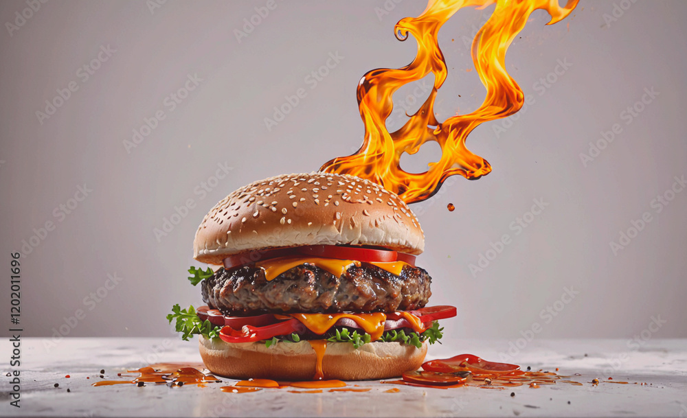 Poster A hamburger with a flame on top of it. The flame is made of melted cheese. The hamburger is on a table