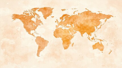 Artistic watercolor world map in warm orange tones, perfect for travel, education, and exploration themes