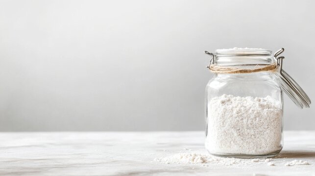 Glass jar filled with collagen placed on a minimalist table, a natural elixir for enhancing skin elasticity, fortifying bones, lubricating joints, and supporting intestinal health.