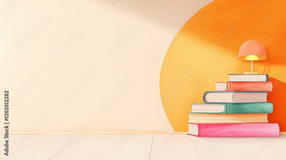 Poster stack of colorful books with lamp against minimalist orange background in cozy reading space