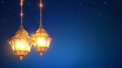 2 luminous lanterns hanging with copy space, dark blue sky background.