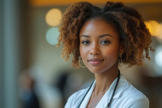 african american female physician in modern medical setting, warm lighting, professional attire, confident pose, welcoming smile