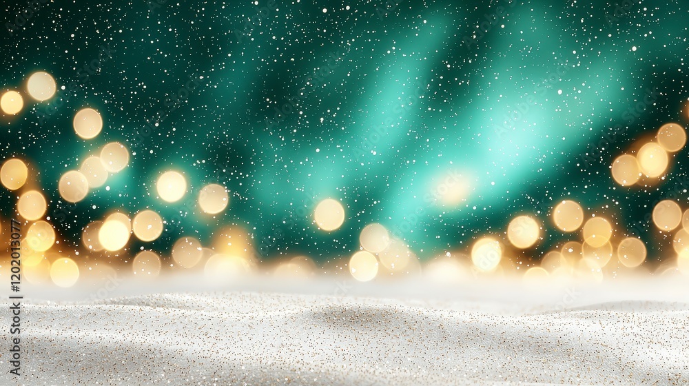 Poster soft snow landscape with sparkling bokeh lights and colorful auroras, creating a serene winter atmos