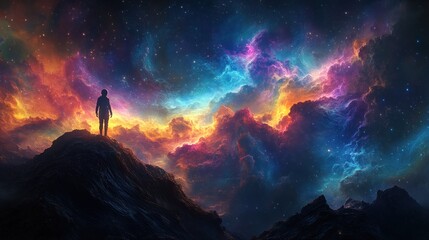 Solitary figure on peak, cosmic nebula backdrop, contemplation, fantasy art, ideal for inspirational themes