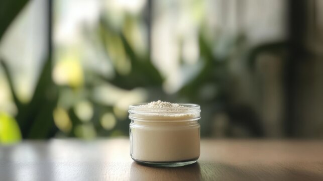 Glass jar filled with collagen placed on a minimalist table, a natural elixir for enhancing skin elasticity, fortifying bones, lubricating joints, and supporting intestinal health.