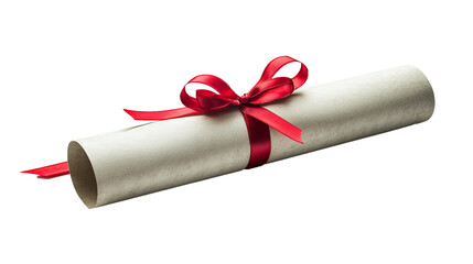 Elegant Rolled Diploma with Red Ribbon: A Timeless Symbol of Achievement on a Clean White Background