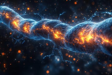 Obraz premium anatomical illustration of brain neurons firing, highlighted synapses in electric blue against dark background, detailed medical visualization