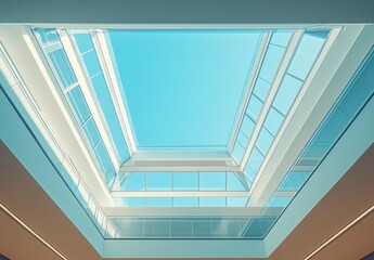 Obraz premium Modern Architectural Design Showcasing Glass Skylights and Open Spaces with Clear Blue Sky Overhead in Contemporary Building Interior