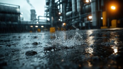 An engaging view of the industrial floor, with rain causing dynamic splashes against a backdrop of pipes, invoking feelings of energy and industrial progress.