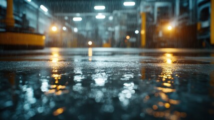A reflective view capturing the glistening surface of a wet industrial floor illuminated by soft lights amidst a rainy atmosphere, creating a moody ambiance.