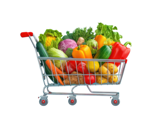 supermarket shopping cart full of groceries on transparent background.