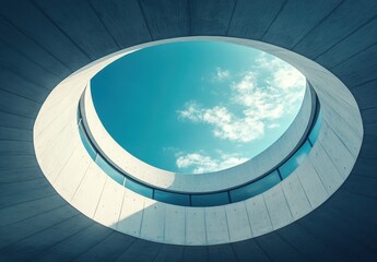 Obraz premium Modern Architectural Design with Circular Opening in a Concrete Structure Under a Clear Blue Sky and Wispy Clouds, Evoking a Sense of Tranquility and Innovation