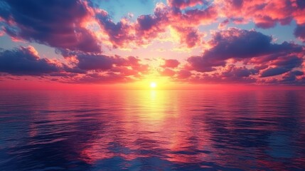 Obraz premium Serene Sunrise Over Calm Ocean Waters with Vibrant Pink and Purple Clouds