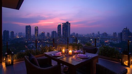 Obraz premium Romantic rooftop dinner, city sunset view, luxury dining