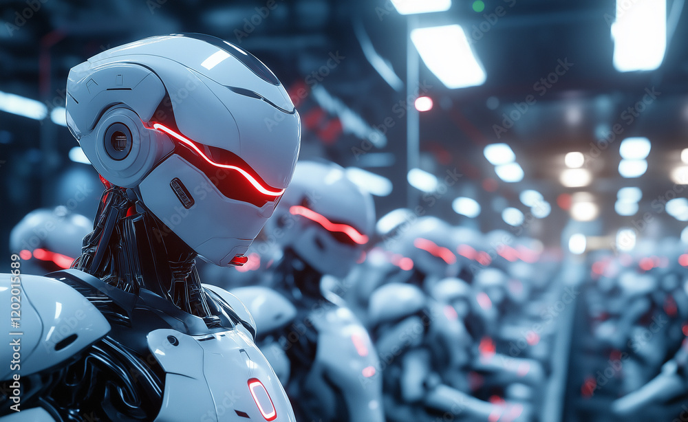 Poster a futuristic robot with glowing red eyes in a line of identical robots inside a high-tech facility.