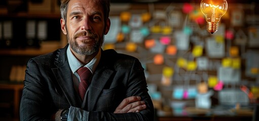 Fototapeta premium A charismatic businessman in a black suit stands before a whiteboard with sticky notes, gazing at a glowing light bulb, symbolizing a breakthrough idea