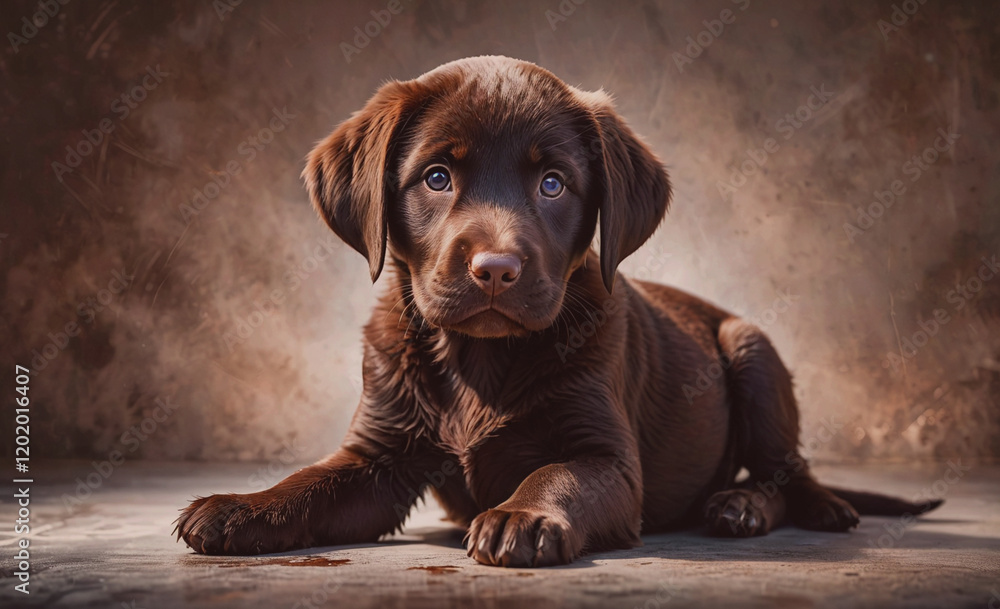 Poster a brown puppy is laying on the ground with its eyes closed. the puppy is looking at the camera with 