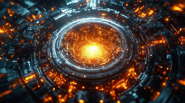 Glowing circular technological core.