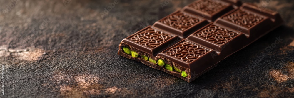 Poster delicious cut chocolate filled with pistachio on a golden plate surrounded by intricate arabic patte